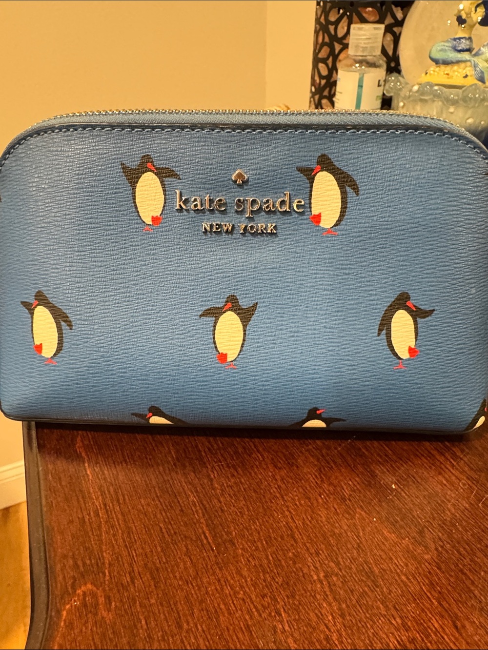 kate spade blue penguin print cosmetic bag